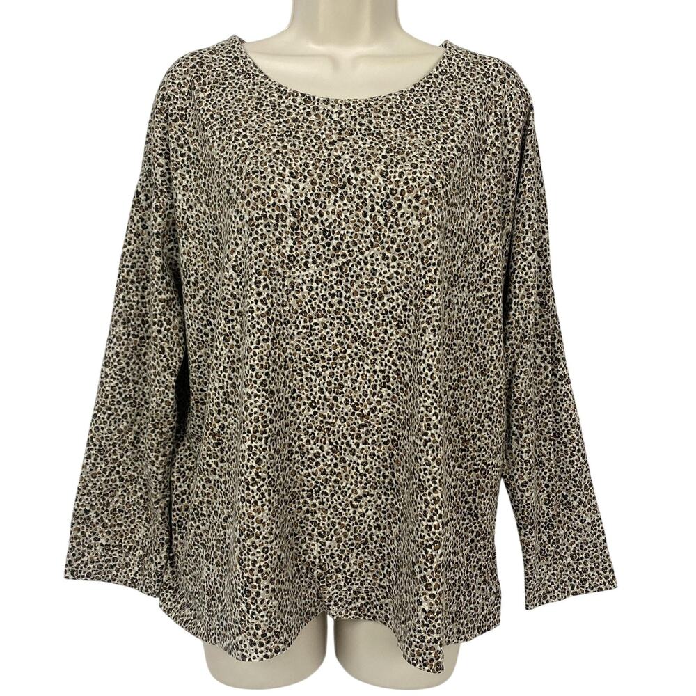 J Jill Luxe‎ Supima Relaxed Tee Womens Large Animal Print Long Sleeve Brown Top